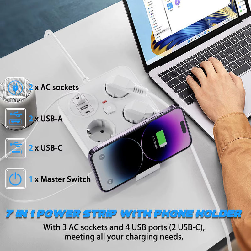 Steckdosenleiste mit Europäischem Stecker und Überspannungsschutz, 3 AC-Steckplätze, 2 USB-A und 2 USB-C Anschlüsse, 13A 250V 3250W mit Schalter - Bild 2