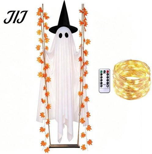 Zephyrfgg Halloween Dekoration Hängendes Leuchtendes Gespenst mit Schaukel und Ahornblatt in Weiß - Bild 1