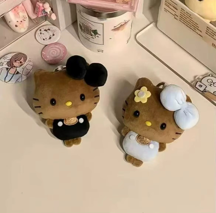 E-Strong Hello Kitty Plüsch-Schlüsselanhänger, braun, rosa Schleife - Bild 2