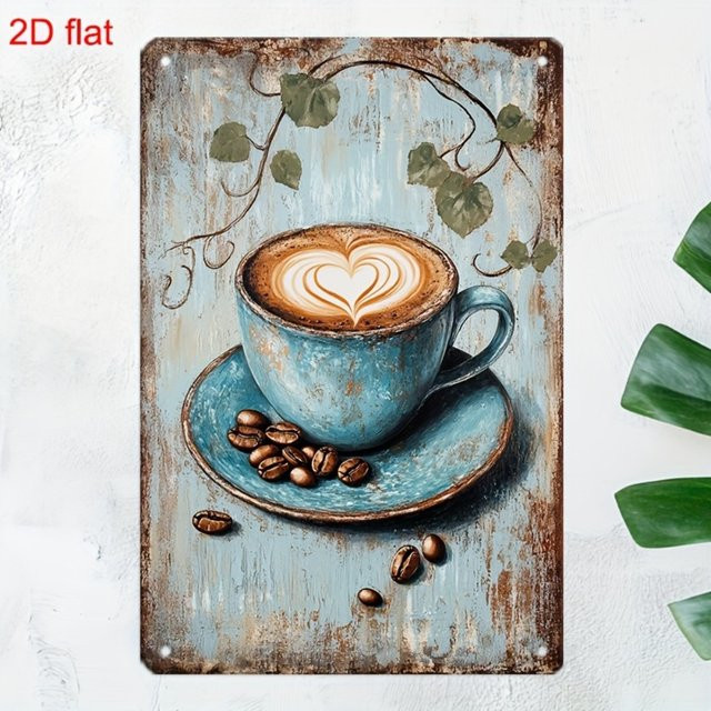 CIFBUY Vintage Wandschild aus Metall in Blau mit Herz-Design, 2D Emaille-Optik Kaffeetasse, B/H: 20 x 30 cm - Bild 1