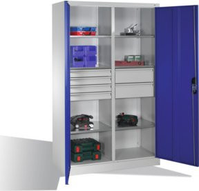 C+P Werkzeugschrank mit Drehtüren, 6 Böden und 6 Schubladen, Lichtgrau/Enzianblau, H: 195,0 cm, B: 120,0 cm, T: 50,0 cm - Bild 1