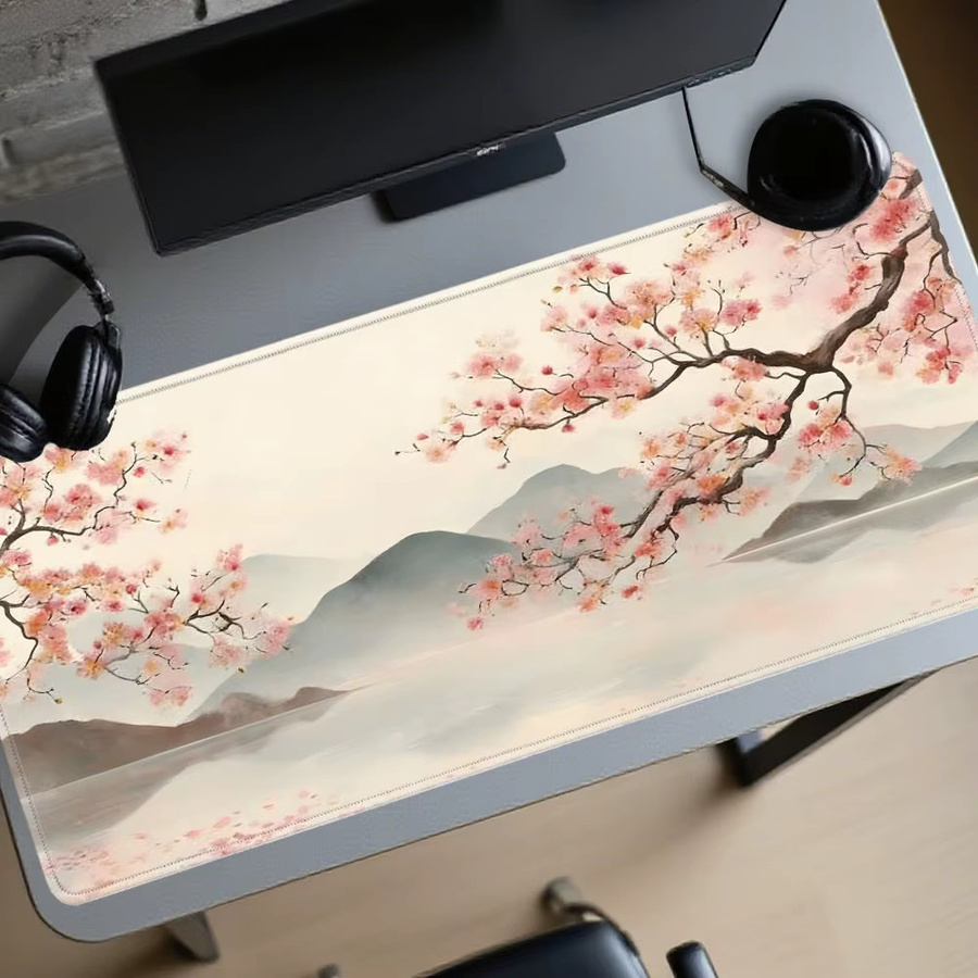 Mairuige Gaming-Mauspad mit Kirschblüten-Landschaftsmalerei in Pink und Multicolour, rutschfeste Schreibtischunterlage für Maus und Tastatur - Bild 3