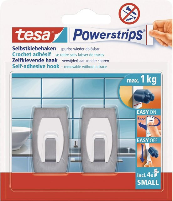 tesa Selbstklebehaken Metall in Weiß mit 4 Powerstrips Small, 2 Stück - Bild 1