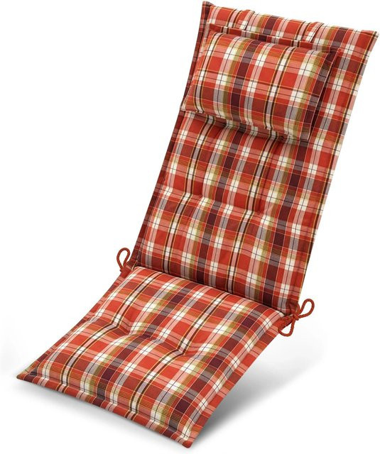 Beautissu Premium Hochlehnerauflage aus Polyester in Orange-Rot-Grün-Kariert, B/H/T: 120 x 50 x 7 cm - Bild 1