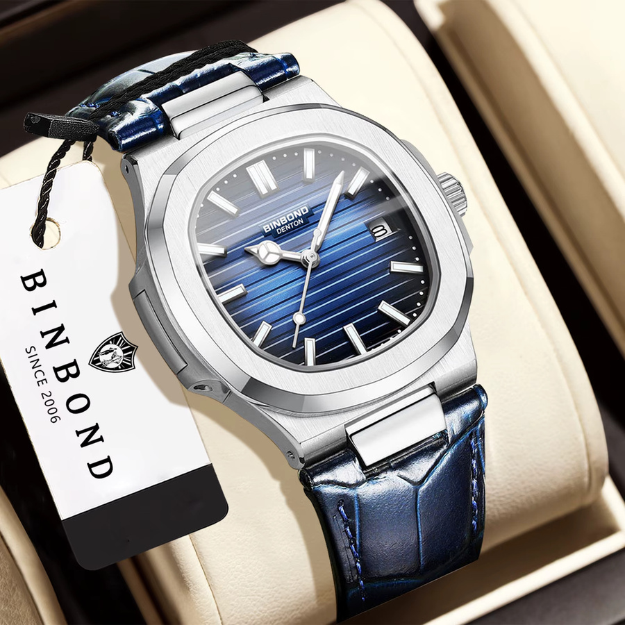 BINBOND Armbanduhr Quarz, Tonneau, Edelstahl, Blau, Lederarmband, Herren - Bild 2