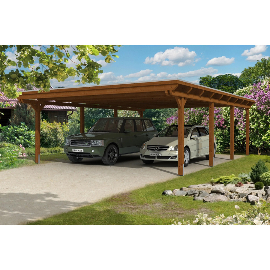 Skan Holz Carport Emsland aus Fichte mit Aluminium Dachplatten in Nussbaum Braun, Breite: 613 cm, Tiefe: 846 cm, Höhe: 248 cm - Bild 2