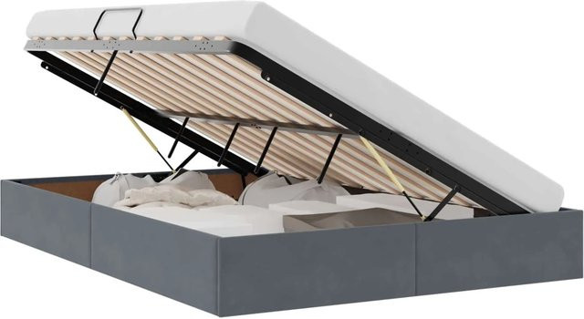 vidaXL Aufbewahrungsbett mit Kopfteil aus Samt und Metall in Dunkelgrau, B/T: 140 x 190 cm - Bild 1