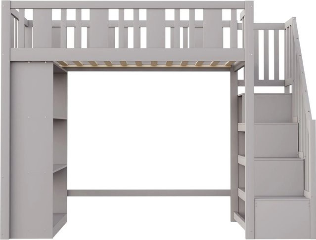 Merax Hochbett für Kinder aus Holz und MDF mit Stauraumtreppe und Seitenfächern, Farbe Grau/Weiß, B/T/H: 90 x 200 x 160,2 cm - Bild 1