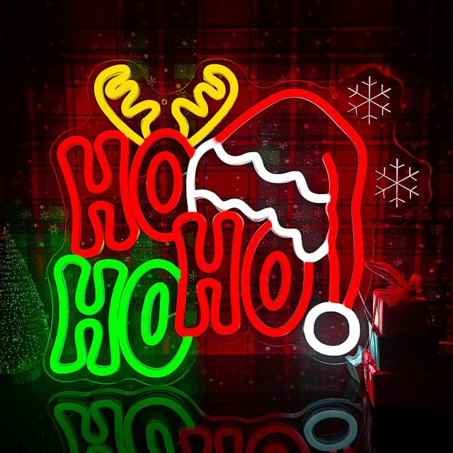 Dimmbares Frohe Weihnachten Neonschild mit Weihnachtsmütze und HoHo Motiv in Rot und Multicolour für deine Weihnachtsdekoration - Bild 1
