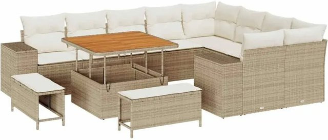 vidaXL Garten-Sofa-Set 12-teilig in Beige aus Poly-Rattan und Akazienholz mit Polstern und Tisch in U-Form - Bild 1