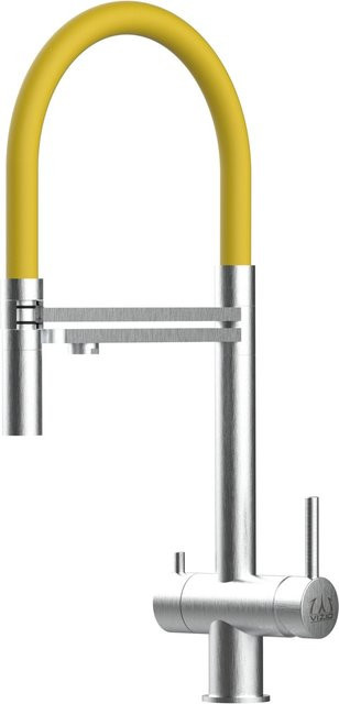 VIZIO Küchenarmatur aus Edelstahl mit 3-Wege-Niederdruck-Wasserhahn, 360° schwenkbarer Auslauf und abnehmbarer 2-Strahl-Handbrause, gebürstet, Gelb/Silber - Bild 1