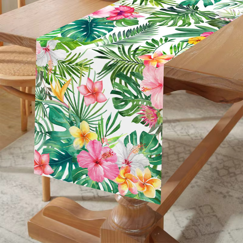 Tropischer Tischläufer mit Flamingo- und Blumenmuster für Sommerpartys und Geburtstage, mehrfarbig, aus Leinen - Bild 1