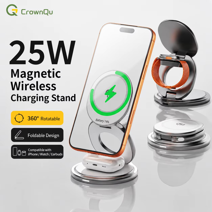 CrownQu 3-in-1 Magnetisches Kabelloses Ladegerät Qi2.2 25W Faltbare Ladestation in Silber für iPhone 17 16 15, Apple Watch und AirPods - Bild 2