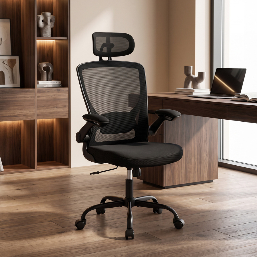 HOMCOM Ergonomischer Bürostuhl in Schwarz mit verstellbarer Kopfstütze, klappbaren Armlehnen und Wippfunktion für dein Home-Office - Bild 2