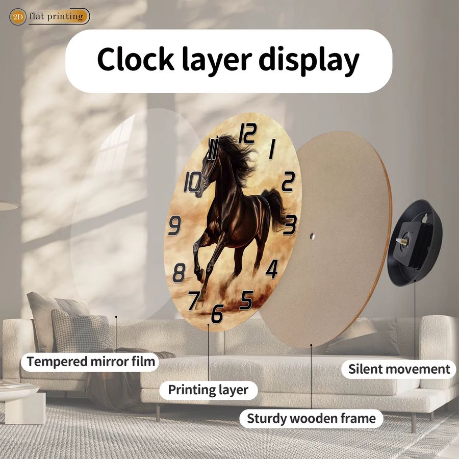 Timepi 2D-Wanduhr mit galoppierendem schwarzen Pferd und geräuschlosem Quarzwerk - Bild 4