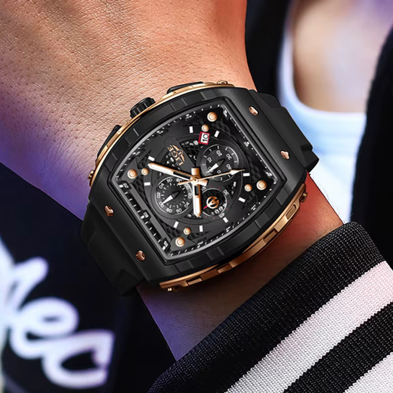 LIGE Chronograph Armbanduhr, Eckig, Quarz, Silikon, Schwarz, Herren - Bild 4