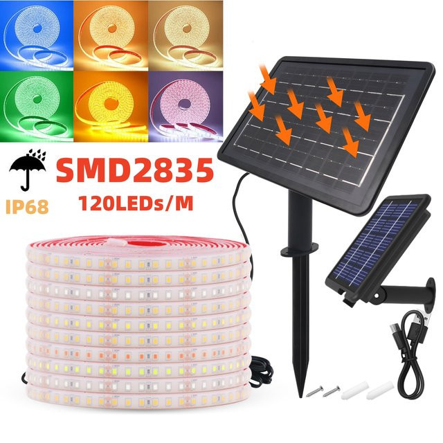 HEGEHE Solar-LED-Lichtleiste für den Außenbereich, 10 m, Warmweiß, IP68 wasserdicht, 120 LEDs/m, SMD 2835, selbstklebend - Bild 1