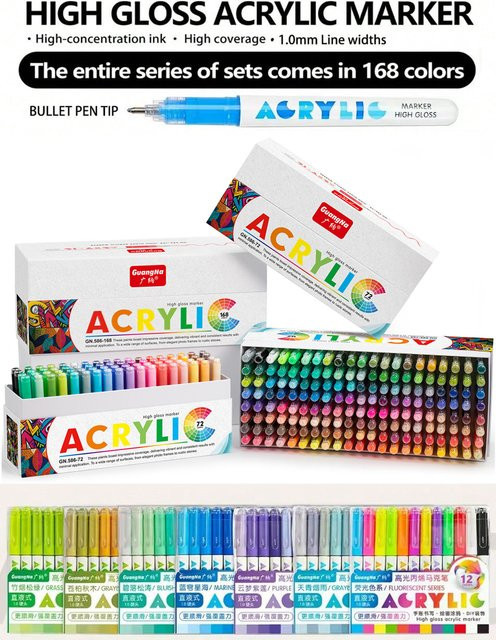 Acrylgel-Stifte Set mit 1,0 mm Hartspitze und hochkonzentrierten Pigmenten, 12-teiliges Set in 14 Farbserien, Multicolor - Bild 1