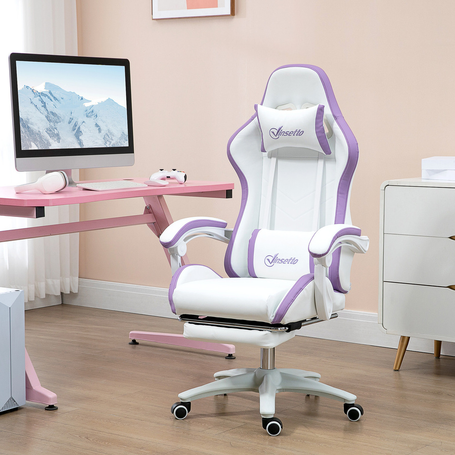 Vinsetto Gaming-Stuhl ergonomischer Gaming-Sessel in Weiß mit teleskopischer Fußstütze, verstellbarer Kopfstütze und Lendenwirbelstütze, 360 Grad drehbarer Bürostuhl aus Kunstleder - Bild 2