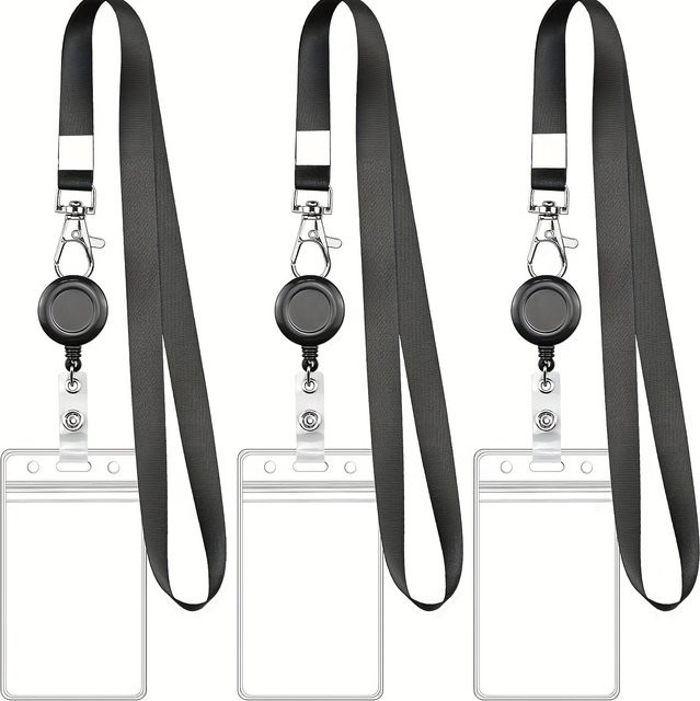 Schwarzes Ausweishalter-Set mit einziehbarem Schlüsselband, wasserdichtem PVC-Kartenhalter und Karabinerverschluss für Arbeitsausweise und Namensschilder - Bild 1