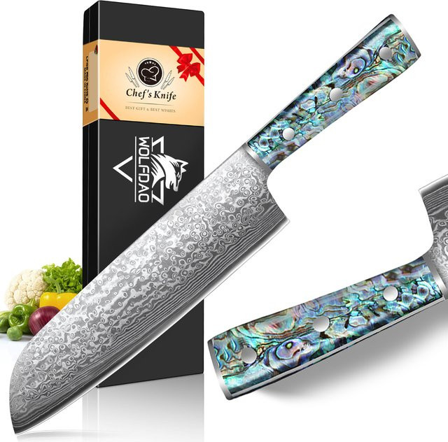SAEIV Santoku-Messer aus Damaststahl im japanischen Stil als Allzweck-Küchenmesser zum Schneiden und Hacken von Gemüse und Fleisch - Bild 1
