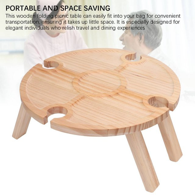 Koogeelife Tragbarer Wein-Picknicktisch aus Holz mit 4 Weinglashaltern und Snack-Tablett in Beige - Bild 1
