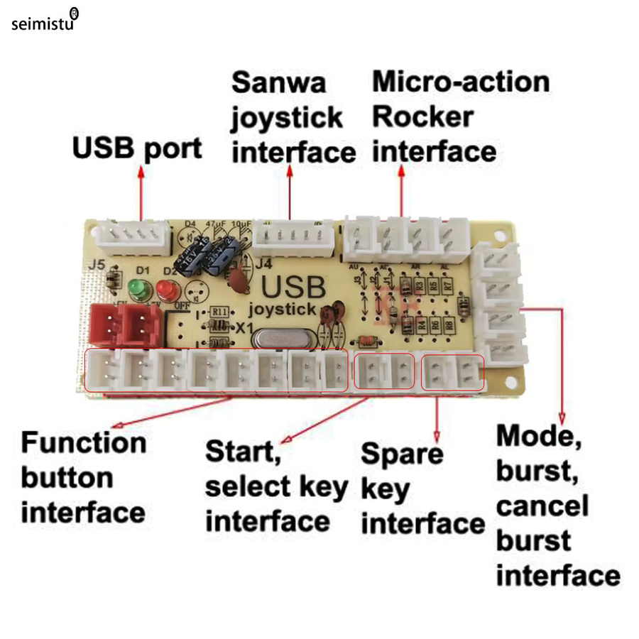 Seimistu DIY Arcade Kit für 2 Spieler mit LED Push Buttons und Joystick, USB Encoder für PC und Raspberry Pi, Multicolor - Bild 2