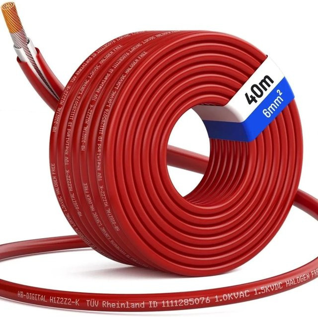 hb-digital Solarkabel 6 mm² H1Z2Z2-K Photovoltaik Kabel für PV Anlagen, Farbe: Rot, Länge: 40 m - Bild 1