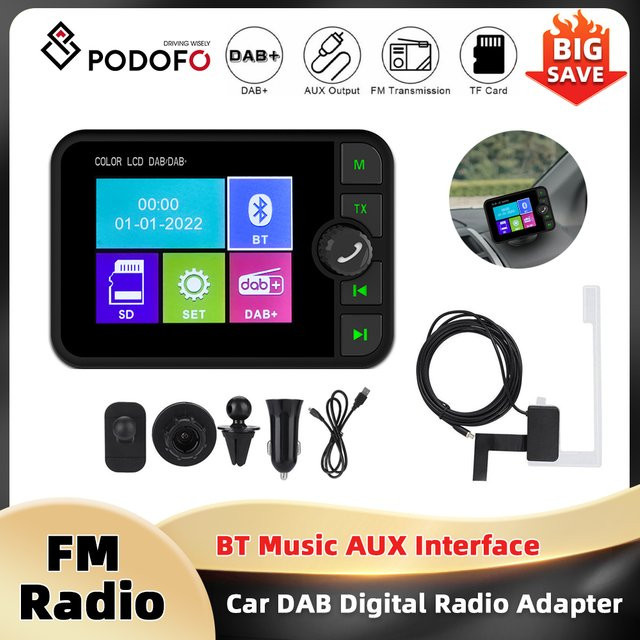 Podofo DAB/DAB+ Radio Adapter mit 2,4-Zoll-LCD-Display und Bluetooth für Ford VW Audi in Schwarz - Bild 1