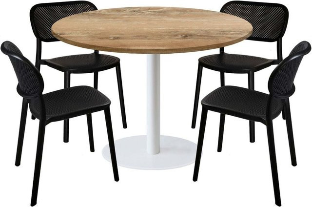 RestooTab Esstisch-Set Rome XL mit 4 Stühlen, runder Esstisch in Eiche Antik mit schwarzem Gestell, Durchmesser: 120 cm, Höhe: 75 cm - Bild 1