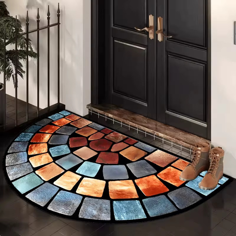 VIKAMA Halbkreisförmige Fußmatte aus Polyester mit modernem Abstract-Design, rutschfest und weich, mehrfarbig, ideal für Wohnzimmer und Terrasse - Bild 3