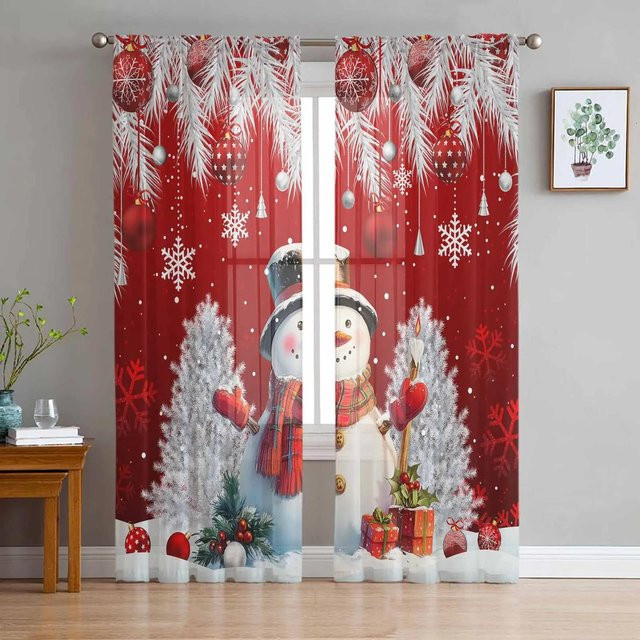 Transparente Weihnachts-Tüllvorhänge mit Schneemann, Silber und Kiefernzweigen, Farbe Braun, B: 135 cm, H: 115 cm - Bild 1