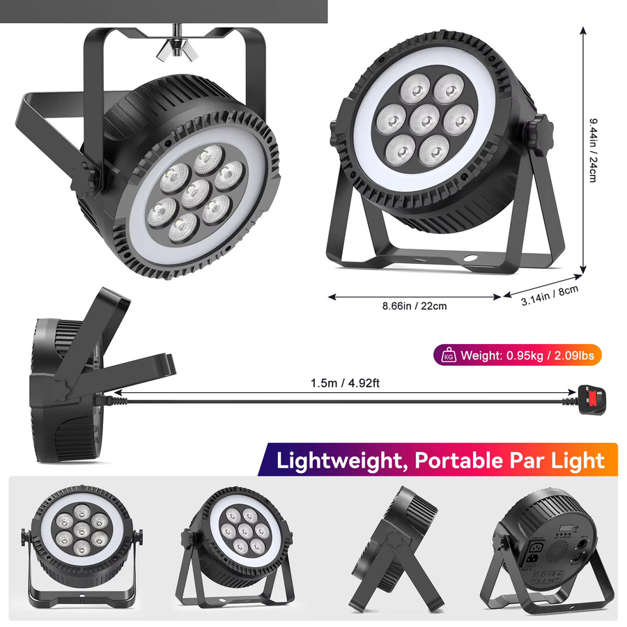 U'King 4er Set RGBW Par Licht mit 7 LEDs und 48 SMD Ringstreifen-Effekt für DJ, Disco und Party, Schwarz, B/T/H: 24,0 x 22,0 x 22,0 cm - Bild 6