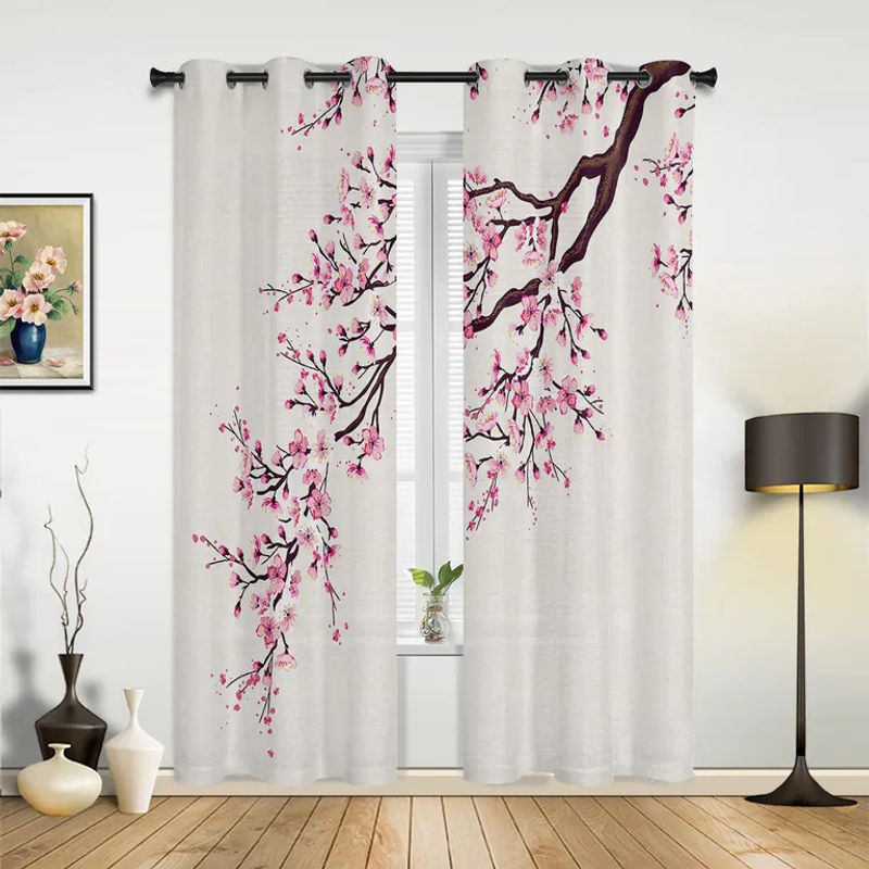 Super Six Sakura Fenstervorhänge im japanischen Stil mit floralem Design, Weiß, B: 100 cm, H: 215 cm, 2er-Set - Bild 2
