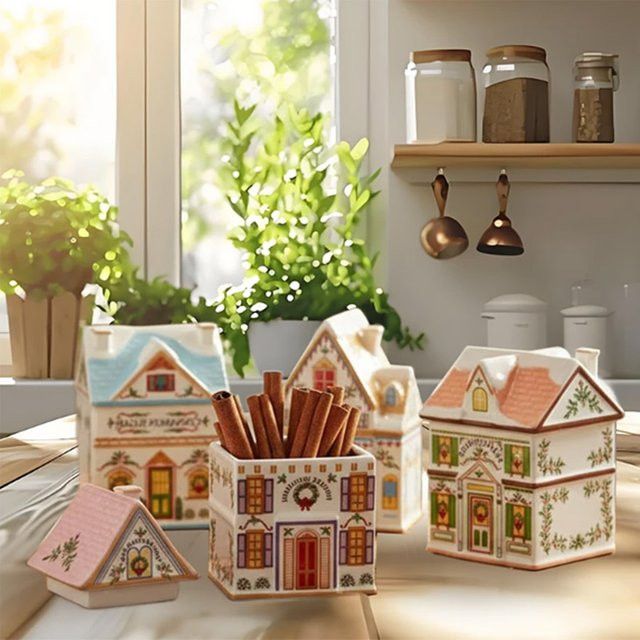 Holiday Village Gewürzglas-Set im Lebkuchenhaus-Design, bunte Weihnachtsdekoration aus Glas und Keramik für deine Küchenarbeitsplatte - Bild 1