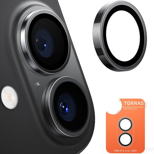 Torras Lensguard Schutzfolie aus gehärtetem Glas für die Rückkamera des Apple iPhone 16 und iPhone 16 Plus, Schwarz - Bild 1