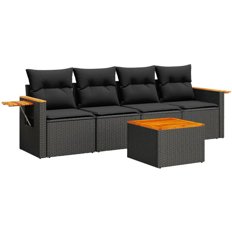 vidaXL 5-tlg Garten-Sofagarnitur aus PE-Rattan und Akazienholz in Schwarz mit Kissen - Bild 3