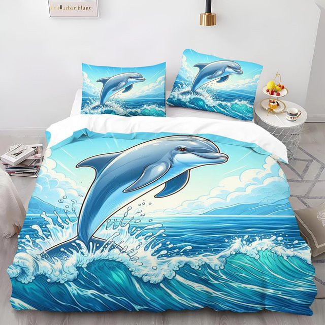 Bettwäsche-Set mit Cartoon-Delfin-Motiv für Kinder und Erwachsene, bestehend aus Bettbezug und Kissenbezug, Farbe Blau, Material Polyester, Breite: 90 cm, Länge: 200 cm - Bild 1