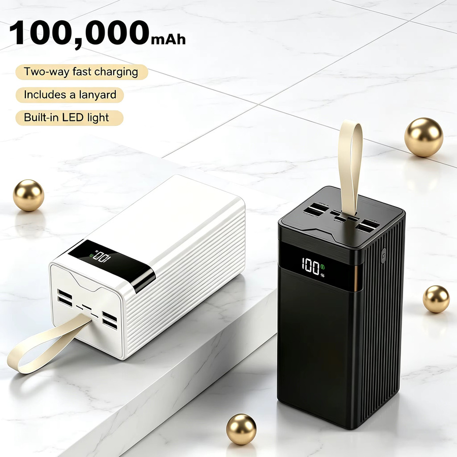 InTessry Powerbank 100000mAh mit 66W bidirektionalem Schnellladen, weiß, mit LED-Digital-Leistungsanzeige und Lanyard-Design - Bild 4
