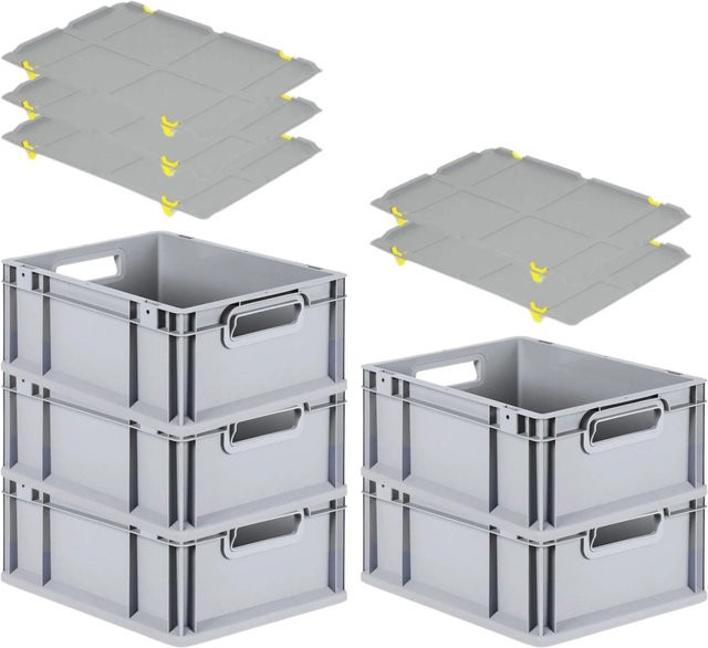 PROREGAL SparSet 5x Eurobox NextGen Grip mit Auflagedeckel und gelben Schiebeschnappverschlüssen, Grau, H x B x T: 17 x 30 x 40 cm, 16 Liter - Bild 1