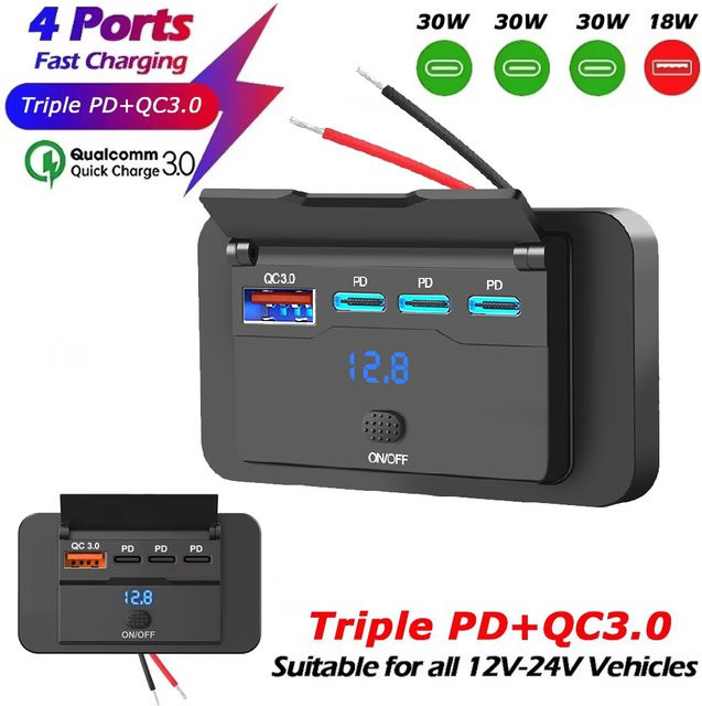 Kebidumei 108W 4-Port 12V USB-Steckdose mit 90W PD und QC 3.0 18W Port, Autoladegerät mit Schalter und Spannungsanzeige in Schwarz für Auto, Bus und Wohnmobil - Bild 1