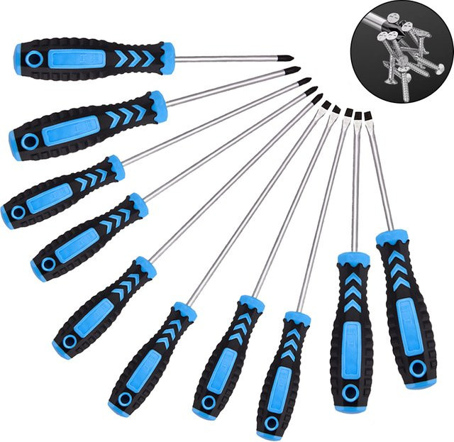 WOZOBUY 10er Set Isolierte Elektriker Schraubendreher in Blau mit Kreuz- und Schlitzbits für sichere Reparaturarbeiten - Bild 1