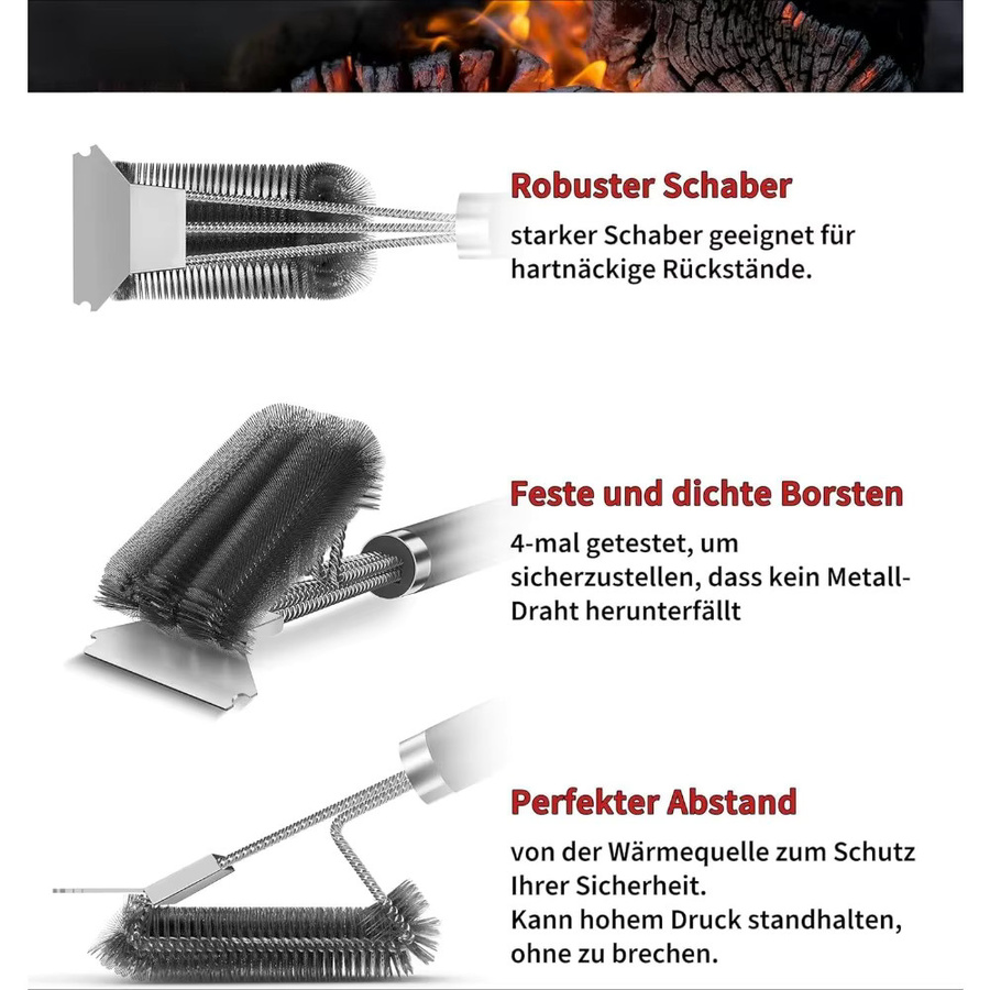 FEB.WIND 3-in-1 Grillbürste aus Edelstahl in Silber und Schwarz für effiziente Reinigung von Grillgittern - Bild 5