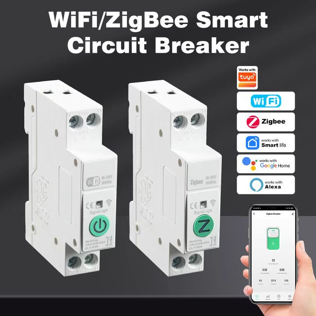Manhot Smart MCB Leitungsschutzschalter mit Strom- und Spannungsschutz, ZigBee/WIFI kompatibel, Tuya Fernbedienungsschalter für DIN-Schienen, 1-63A einstellbar, Weiß - Bild 1