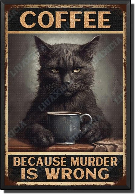LIUAXICIA Vintage Blechschild Metall Schwarze Katze Kaffee Retro-Design für Küche, Bar oder Garage, B: 20,0 cm, H: 14,0 cm - Bild 1