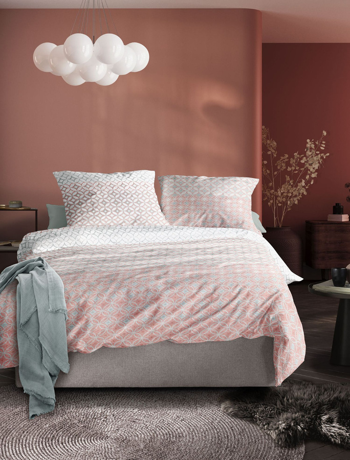 Irisette Easy Soft-Seersucker Bettwäsche aus Baumwolle mit Kreise-Design in Hellblau und Koralle, B/H: 155 x 220 cm mit Kissenbezug 80 x 80 cm - Bild 1