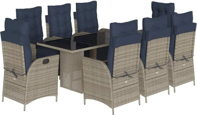 vidaXL 9-teilige Garten-Essgruppe aus grauem Poly-Rattan mit Kissen und Hartglas-Tischplatte - Bild 1