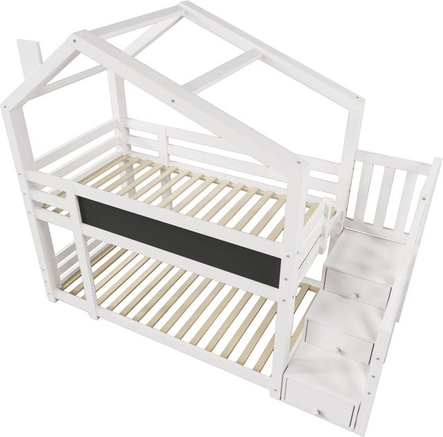 KOMHTOM Kinderbett Baumhaus Etagenbett in Weiß mit Schornstein, Stauraum und Rausfallschutz aus Kiefer-Massivholz und MDF, B/T/H: 200 x 90 x 223 cm - Bild 1