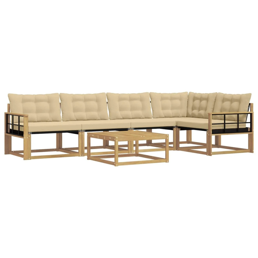 vidaXL Outdoor-Sofagarnitur in L-Form mit 6 Teilen, Set aus Akazienholz und Textilene, Weiß und Beige, B/T/H: 79 x 79 x 37 cm - Bild 2