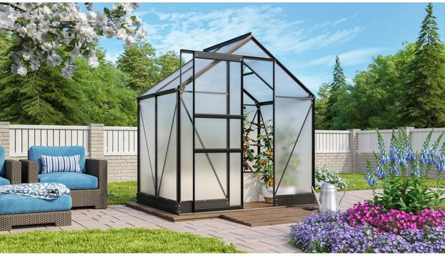 Vitavia Gewächshaus Apollo 2500 mit Fundament und Regenrinnen, Schwarz, 2,5 m², Aluminium und Polycarbonat, Satteldach - Bild 1